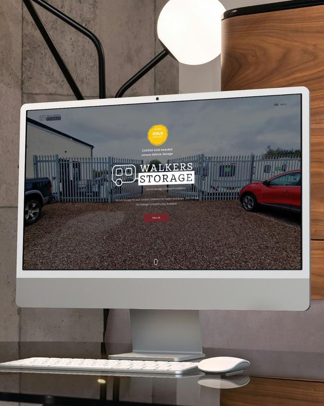 Walkers Caravan Storage new website on an iMac: gold CaSSOA award, logo and gated storage yard