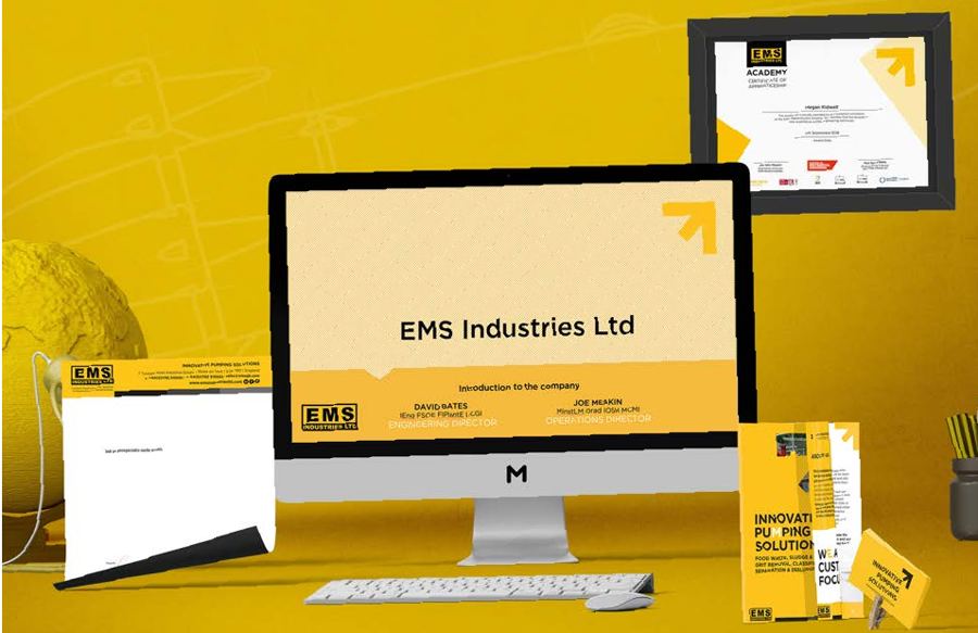 EMS Industries stationery and presentation on a desktop screen